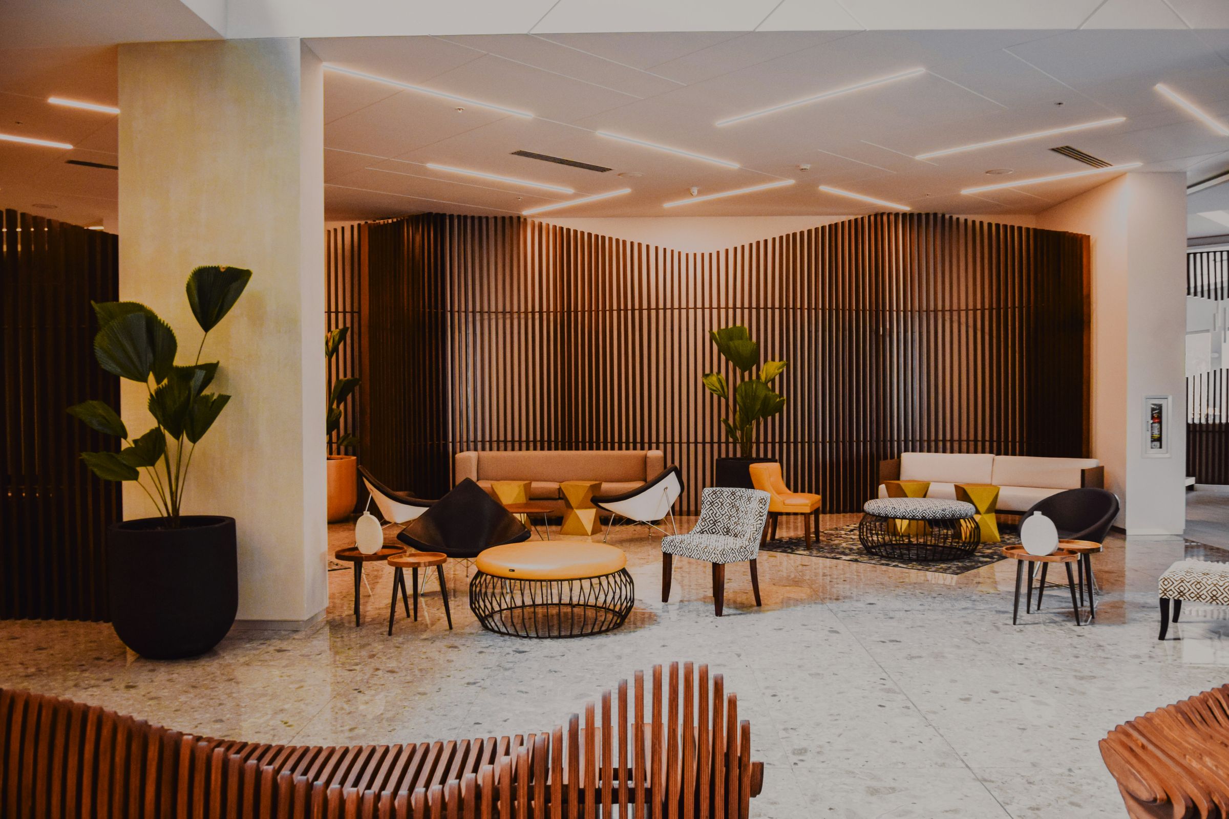 Sala ampla com parede ripada em madeira e iluminação embutida — Sala Multiusos, Vila Nova de Gaia.